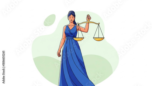 Lady Justice Holding Scales of Justice in Blue Dress, Symbolizing Fairness and Balance