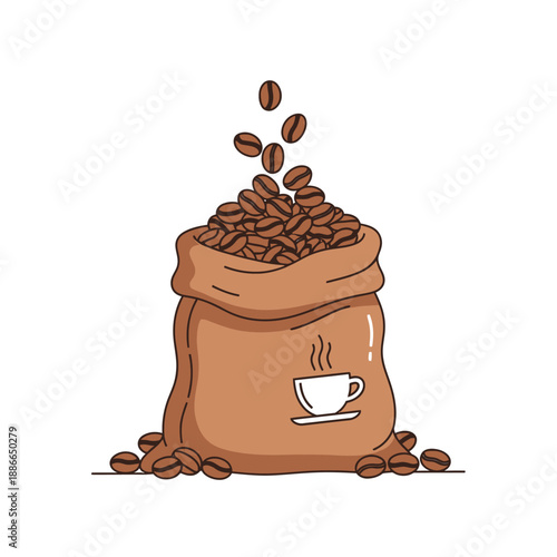 Brown burlap sack overflowing with roasted coffee beans, spilling onto a white background.