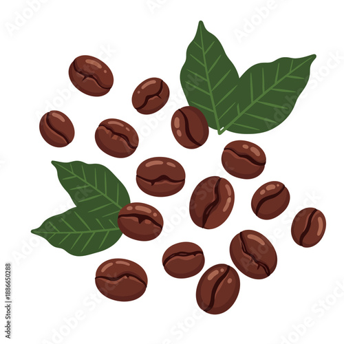 Scattered Coffee Beans and Green Leaves - Fresh Aroma Illustration