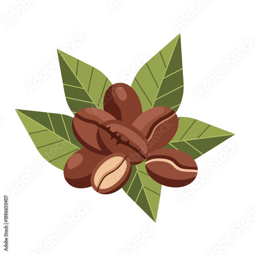 Fresh Coffee Beans and Green Leaves, Aromatic Beverage Ingredient, Healthy Energy