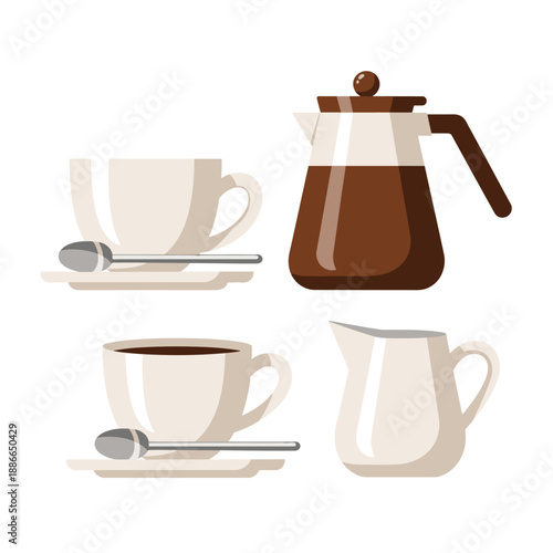 Coffee Set: Cups, Saucers, Spoon, Coffee Pot, Creamer - Flat Illustration