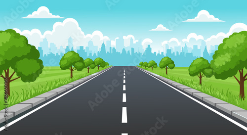 Scenic open road leading to a distant cityscape with lush green trees under a vibrant blue sky, a perfect vector illustration for travel, journey, and destination concepts