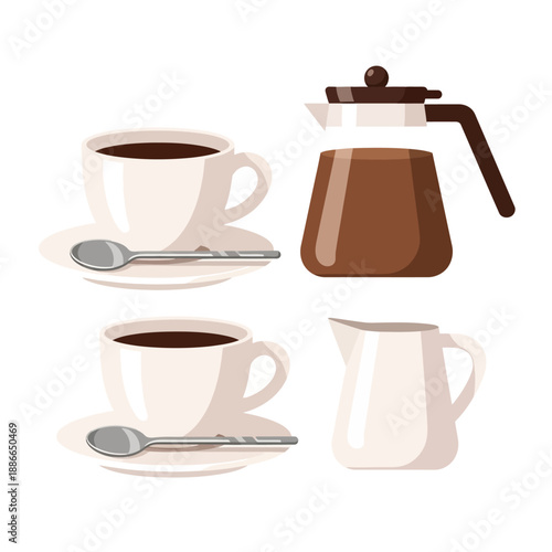 Morning Coffee Break: Cups, Pot, and Creamer - Flat Design Illustration