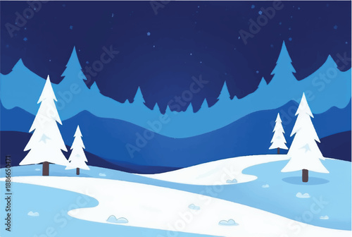 Winter night in mountains landscape. Winter night with moon. Illustration of snowy winter night. 