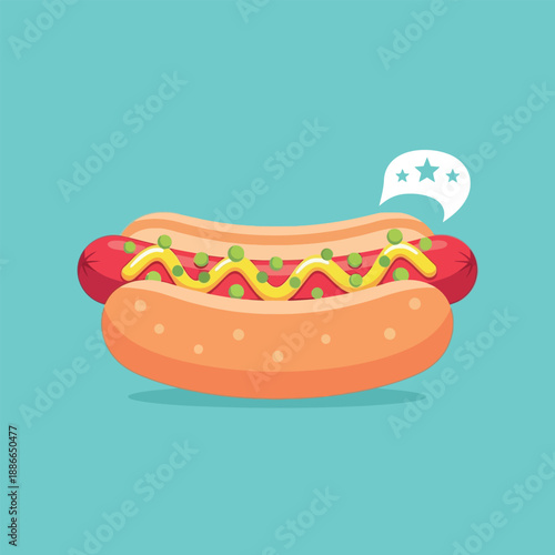 Illustration of a hot dog with condiments and a speech bubble on a teal background, conveying a casual food mood.