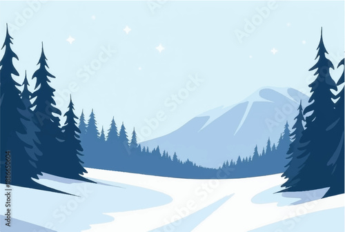 Winter night in mountains landscape. Winter night with moon. Illustration of snowy winter night. 