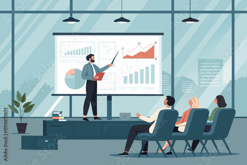 Man presents financial data charts and graphs on a large projection screen to a small group of attentive listeners in a modern office conference room with large windows conveying