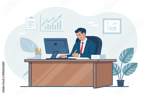 Focused businessman in a suit diligently working on a computer at a polished wooden executive desk writing notes with a pencil surrounded by corporate charts and potted plants