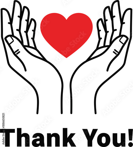 Line art illustration of two hands holding a red heart with Thank You text isolated on white background for gratitude and charity.