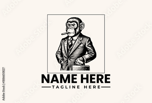 A vector illustration of a monkey in a suit and tie, smoking a cigar, set against a beige background with a placeholder text for a logo or icon.