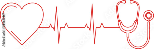 Medical healthcare concept vector illustration with red heart shape connected to an EKG heartbeat pulse line and a stethoscope for cardiology and clinic diagnostic design.