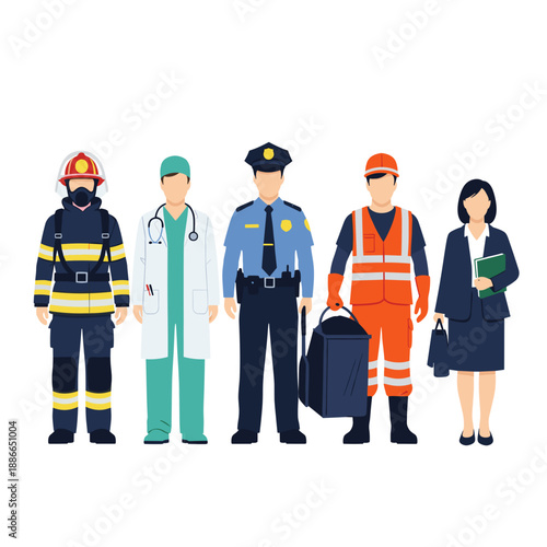 Illustration of diverse public service and professional workers.