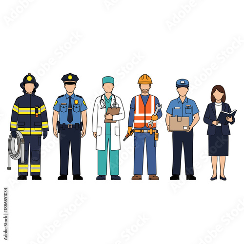 Illustration of diverse uniformed professionals standing together in a row.