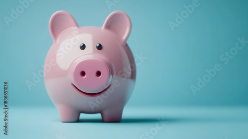 Piggy bank savings finance money budget investment banking coin cash wealth symbol of smart planning with cute pink ceramic pig on blue background encouraging cheerful saving habit