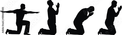 Four black praying figure silhouettes in kneeling poses, symbolizing spirituality, devotion, and meditation, ideal for religious, introspective, or conceptual design themes.