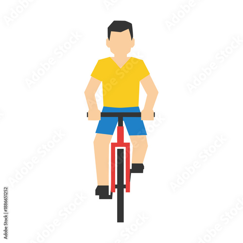 Young cyclist in yellow shirt and blue shorts riding a bike during a sunny day.