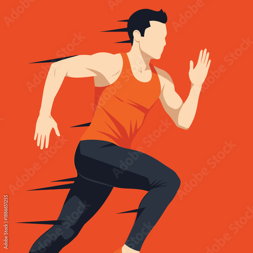 Energetic runner in orange athletic top sprinting forward against a bold orange background.