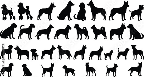 Collection of black dog breed silhouettes in varied poses and profiles, ideal for pet design, veterinary, educational, or canine-themed visual content.