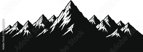 Minimalist black mountain silhouette with snowy peaks, high contrast terrain illustration for nature, outdoor adventure, travel branding, logo design, and educational geography visuals.
