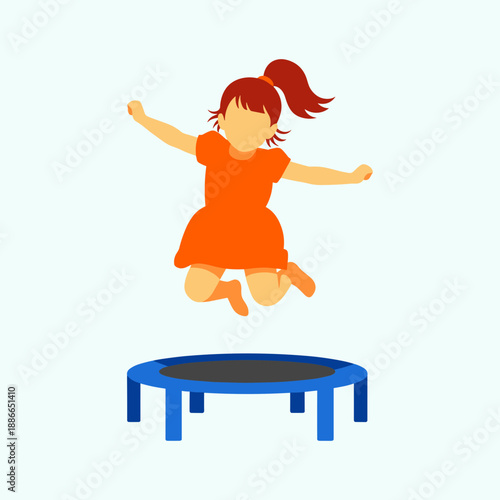 Playful cartoon girl jumping on a trampoline in mid air during a sunny outdoor activity.