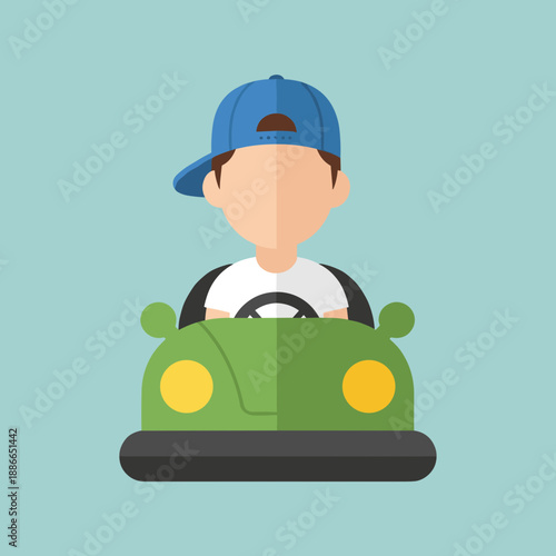 Cartoon Driver in a Green Go-Kart, Casual Cap and Focused Expression in a Bright Scene.
