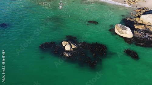Aerial view of dramatic boulders standing out from the turquoise sea contrasting against the white sandy beach, Cape Town, Western Cape, South Africa.
