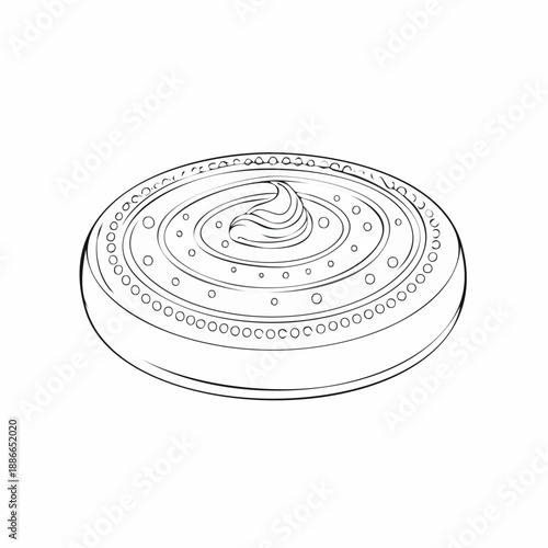 A centered illustration of a dessert on a round plate with decorative patterns viewed from directly above