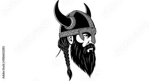 Viking Warrior Head with Horned Helmet and Braided Beard.