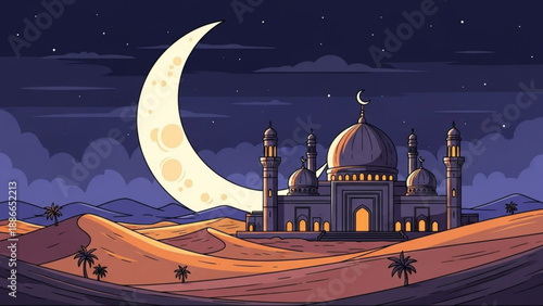 Mosque in Desert under Crescent Moon at Night with Stars, Islamic Architecture, Vector Illustration