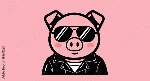 Cartoon pig with sunglasses on pink background