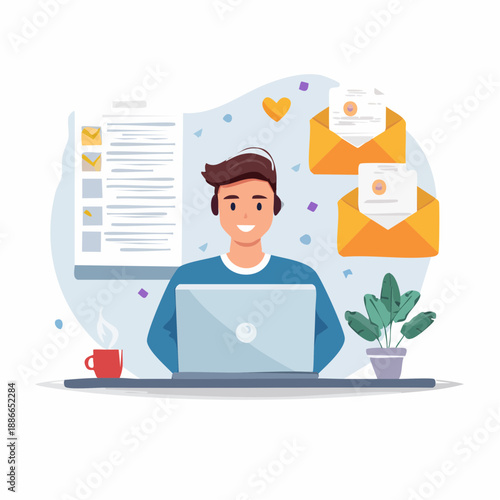 Man working on laptop with emails and documents surrounding him in a calm office environment from a frontal viewpoint