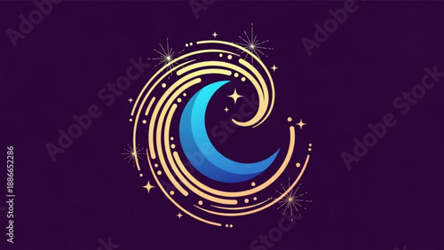Blue Crescent Moon with Golden Swirls and Stars on Purple Background