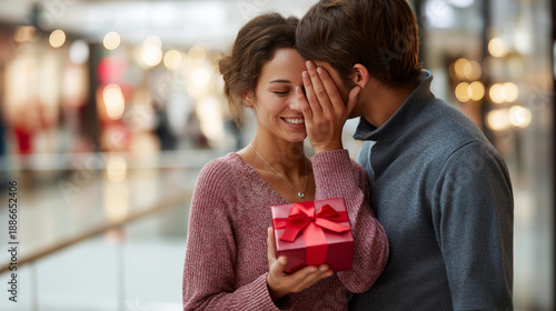 Man covering woman's eyes for surprise gift, shopping at mall moment, romantic surprise gesture, Valentine's celebration shopping, faceless couple at store, gift-giving