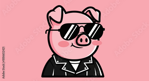Cartoon pig with sunglasses on pink