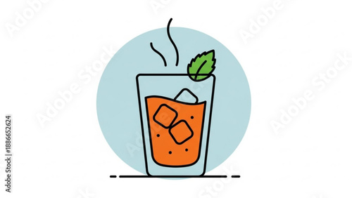 Iced Orange Drink with Mint Leaf in Glass on White Background