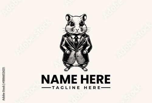 A vector illustration of a mouse in a business suit and tie, standing upright with hands on hips, against a clean white background with space for a logo and tagline.