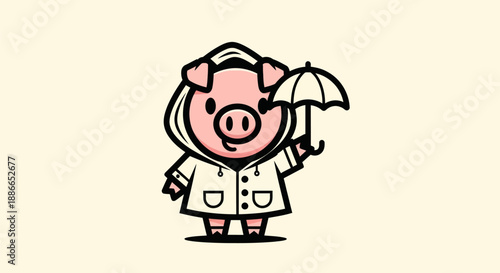Cartoon pig with umbrella and raincoat