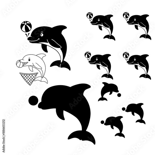 dolphin fish playing with balls silhouette pack