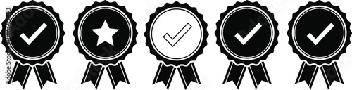 Set of black quality guarantee seals and award ribbon badges with white checkmarks and star symbols isolated on a white background.