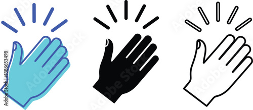 Set of clapping hand icons in solid black blue and outline styles with motion lines representing applause high five or greeting.
