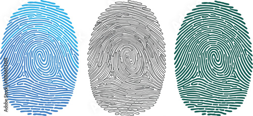 Set of three colorful biometric fingerprint scan icons in blue black and teal for digital security identity verification forensic science investigation or personal data protection.