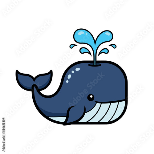 A cartoon blue whale spouting water droplets on a white background with a playful and whimsical mood.