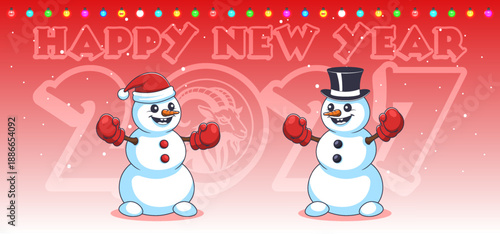 Vector wide festive red banner or greeting card. Two cartoon snowmen with red mittens and Santa hat. Happy New Year. Horned goat. 2027. Colorful glowing garlands. Snowman