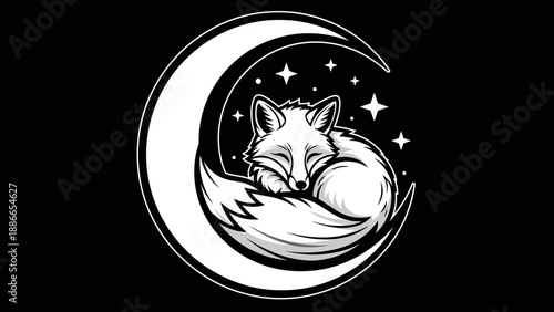 Whimsical Fox Sleeping Peacefully on Crescent Moon Illustration.