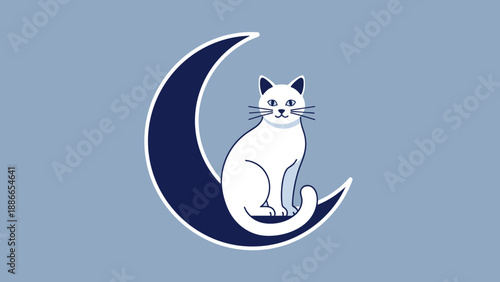 White cat sitting on a crescent moon.