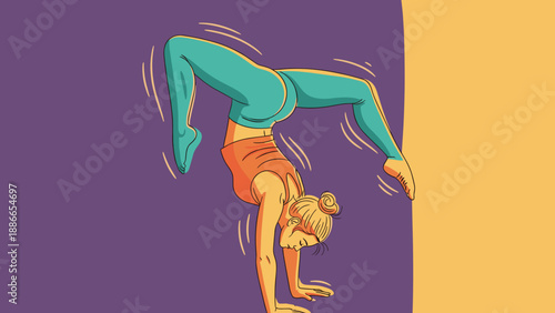 Woman in yoga pose demonstrating flexibility and strength with handstand.