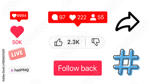 A social media interface with various engagement metrics and symbols on a white background