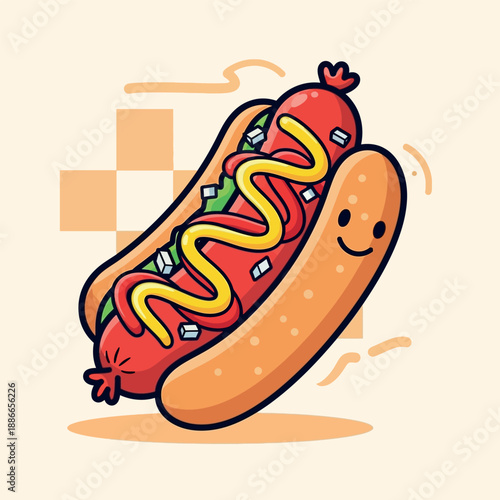 Cartoon hot dog with condiments and smiling face on a beige background with abstract orange lines and squares.