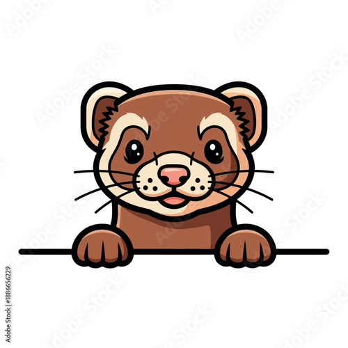Cartoon illustration of a cute ferret peeking over a line on a white background with a cheerful expression.