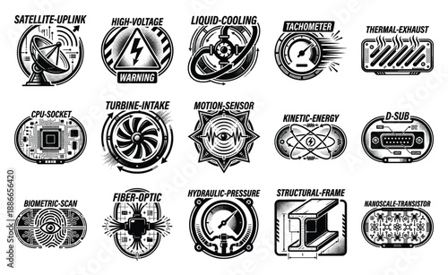 Retro Woodcut Engineering and Industrial Technology Element Kit for Cyberpunk and Sci-Fi Interface Design